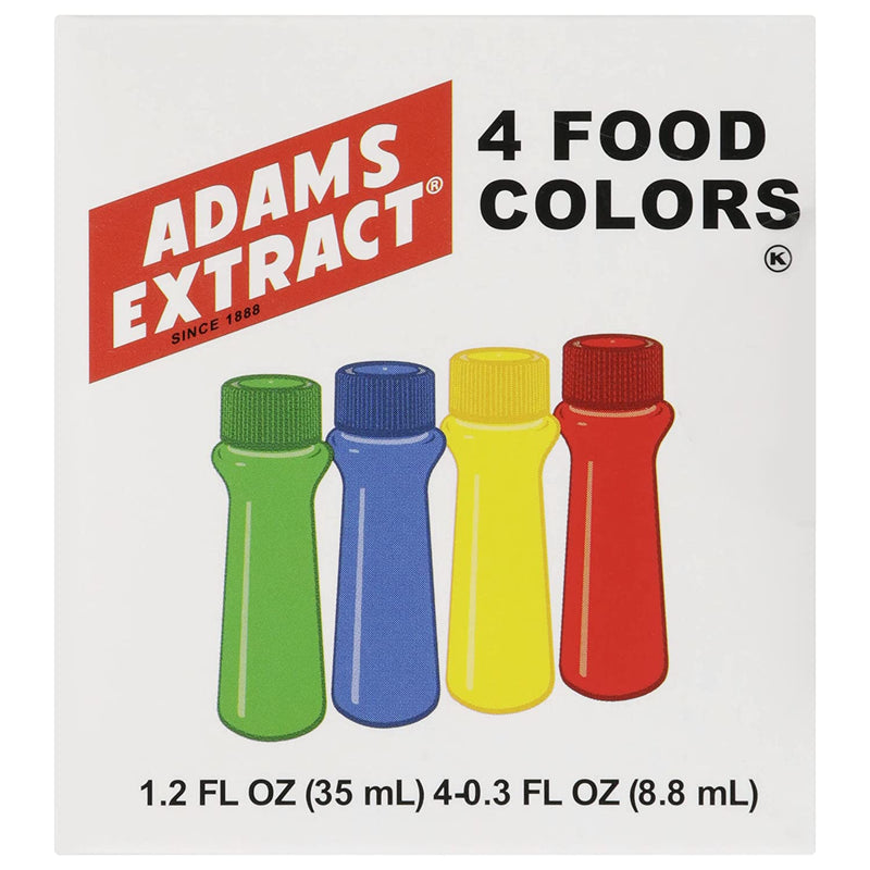 Adams Extract Food Colors, 4 Food Color Pack with Green, Blue, Yellow & Red, 4 - 0.3 FL OZ Bottles/Box (Pack of 1)