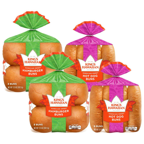 KING’S HAWAIIAN Ultimate Grilling Variety Pack, 1 Pack Sliced Hawaiian Sweet Bread, 1 Pack Original Hawaiian Sweet Rolls, 1 Pack Hawaiian Sweet Hot Dog Buns, 1 Pack Hawaiian Sweet Hamburger Buns, (Pack of 4)