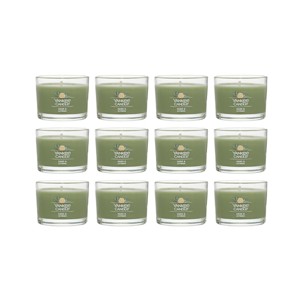 Yankee Candle Signature Votive Mini Candle Jar, Sage & Citrus Scent, Natural Soy Wax Blend Candle with Natural Fiber Wick, 1.3 OZ Glass Jar (Pack of 12)