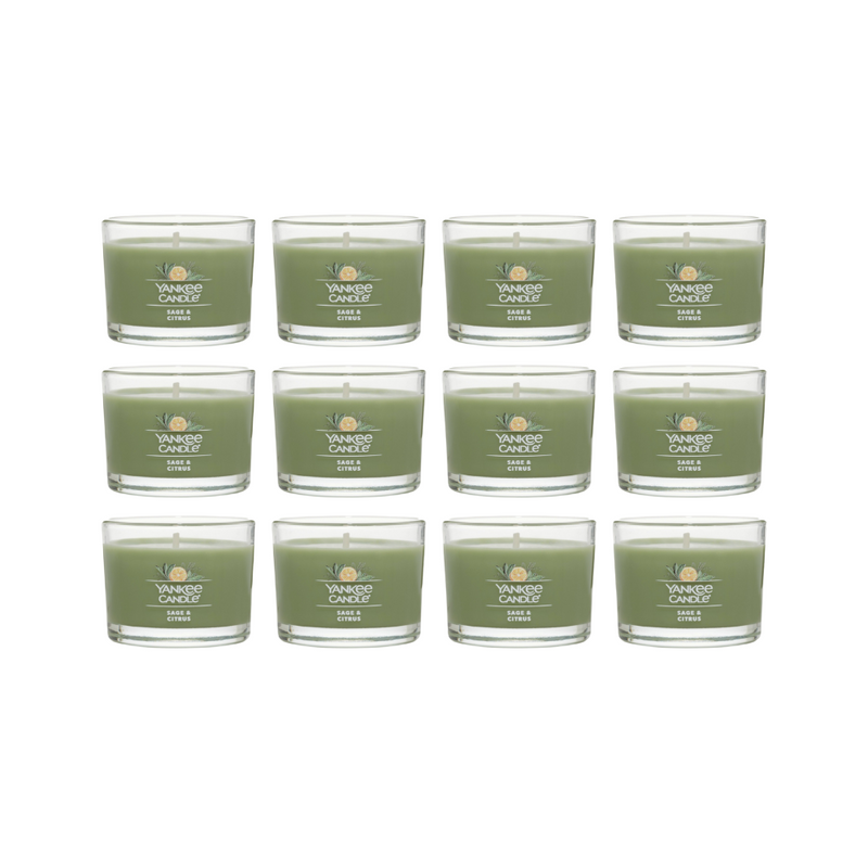 Yankee Candle Signature Votive Mini Candle Jar, Sage & Citrus Scent, Natural Soy Wax Blend Candle with Natural Fiber Wick, 1.3 OZ Glass Jar (Pack of 12)