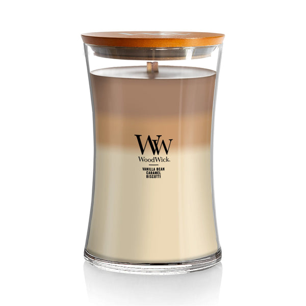 WoodWick Large Cafe Sweets Trilogy Hourglass Scented Candle, Crackles as it Burns, Vanilla Bean | Caramel | Biscotti, 21oz