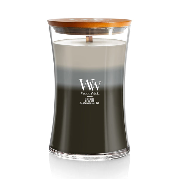WoodWick Large Warm Woods Trilogy Hourglass Scented Candle, Crackles as it Burns, Fireside | Redwood | Sandalwood Clove, 21oz
