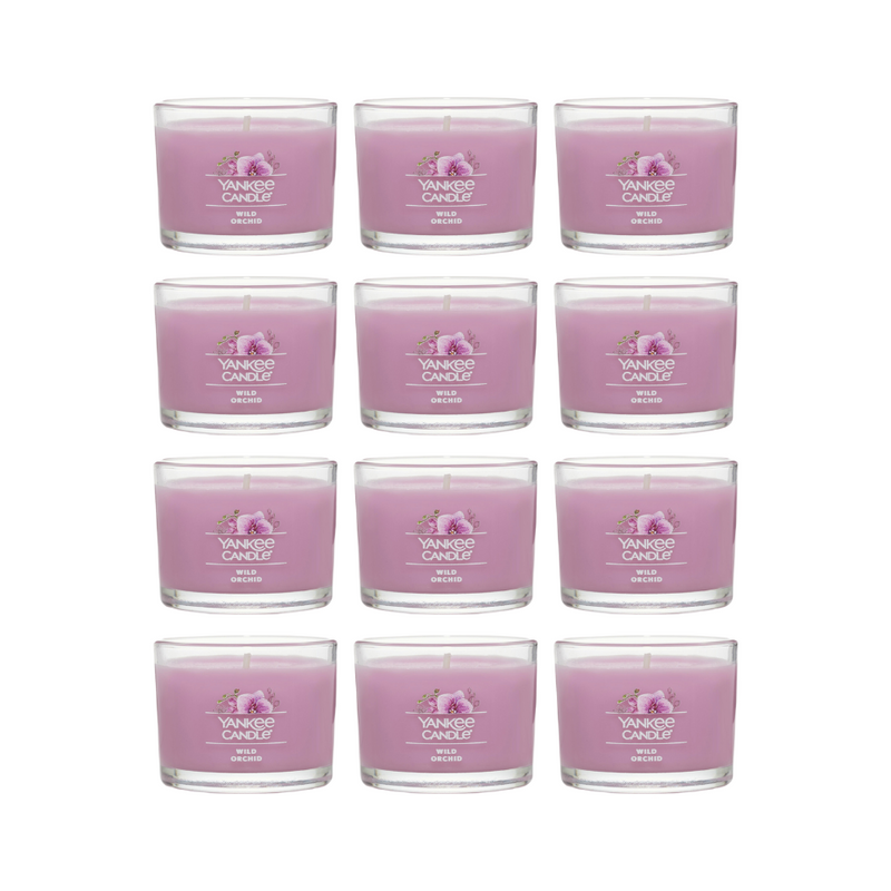 Yankee Candle Signature Votive Mini Candle Jar, Wild Orchid Scent, Natural Soy Wax Blend Candle with Natural Fiber Wick, 1.3 OZ Glass Jar (Pack of 12)