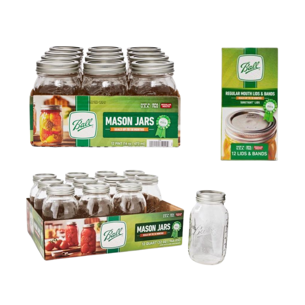 Ball Regular Mouth Glass Mason Jars with Lids and Bands, Used for Canning, Pickling, Juice, Jam, Jelly, 12 Pint Size 16 Ounce Jars + 12 Quart Size 32 Ounce Jars + 12 Lids/Bands