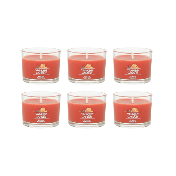 Yankee Candle Signature Votive Mini Candle Jar, Spiced Pumpkin Scent, Natural Soy Wax Blend Candle with Natural Fiber Wick, 1.3 OZ Glass Jar (Pack of 6)