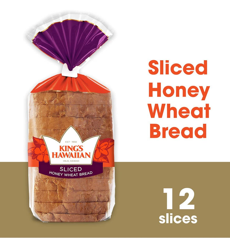 King's Hawaiian Honey Wheat Sliced Hawaiian Bread, Sliced Bread, 13.5 oz (12 Slices) (Pack of 12)