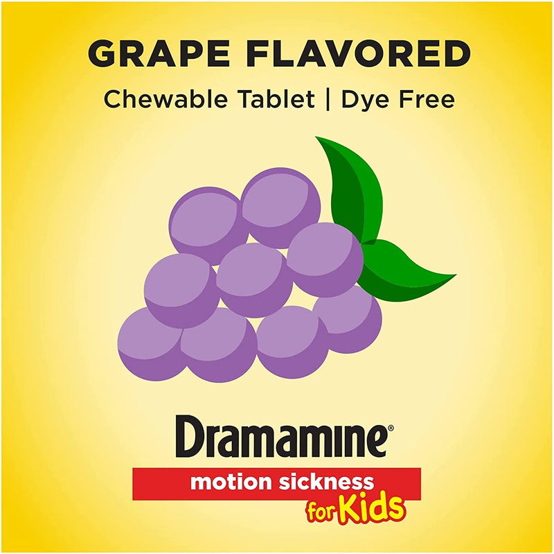 Dramamine Motion Sickness Relief for Kids, Chewable Grape Flavor, 8 Count