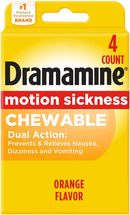 Dramamine Motion Sickness Relief - Chewable Orange Flavor, 4 Count (Travel & Trial Size)