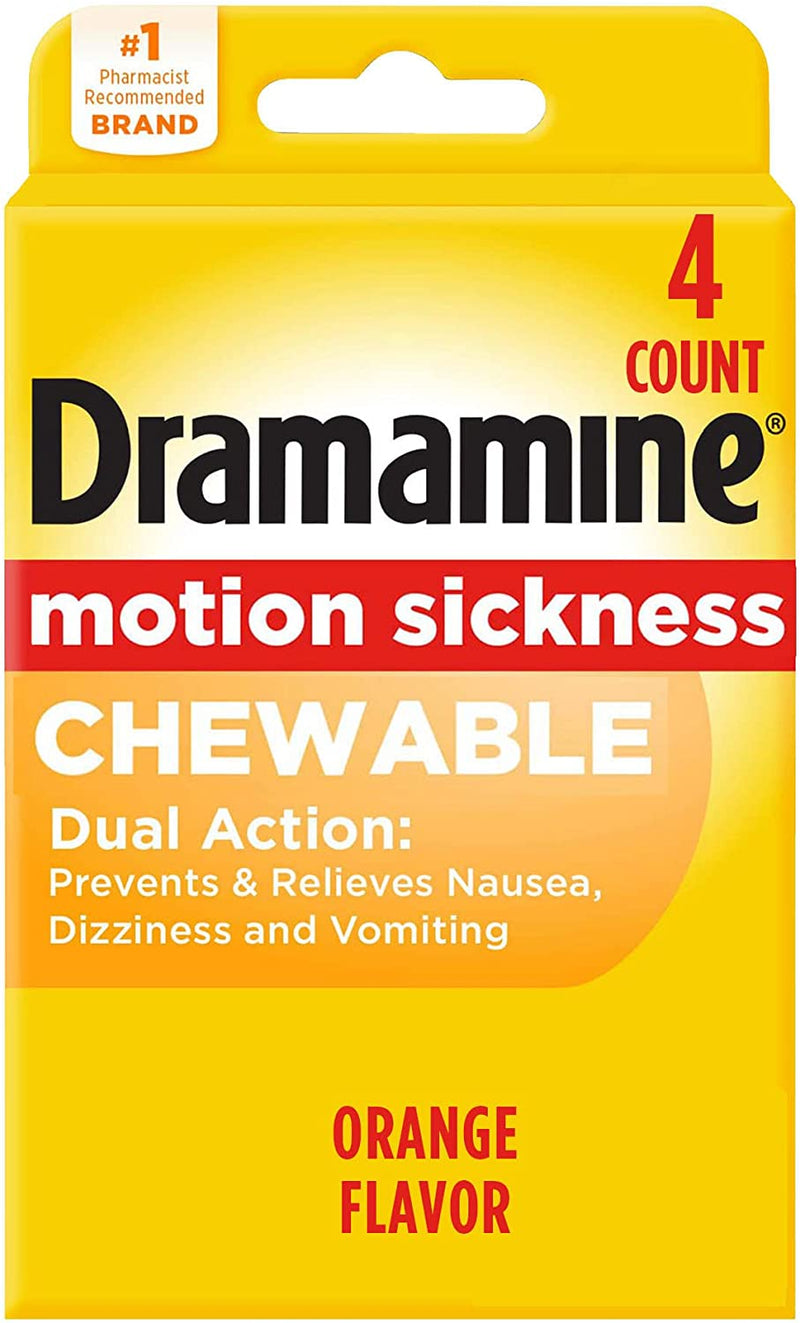 Dramamine Motion Sickness Relief - Chewable Orange Flavor, 4 Count (Travel & Trial Size)