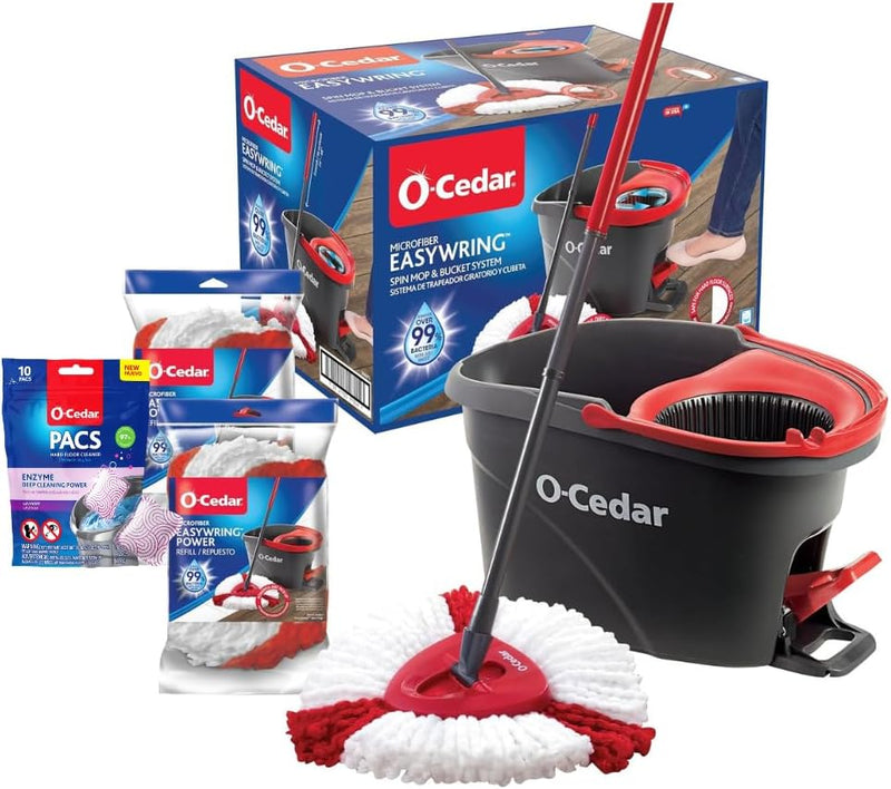 O-Cedar EasyWring Spin Mop & Bucket System +2 Power Refills with Citrus & Lavender Cleaning PACS (Variety Pack)