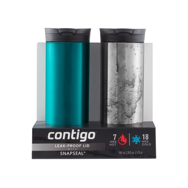 Contigo Huron 2.0 Insulated Stainless Steel Travel Mug with SNAPSEAL™ Lid, Spirulina & Polished Concrete, 20oz (Pack of 2)