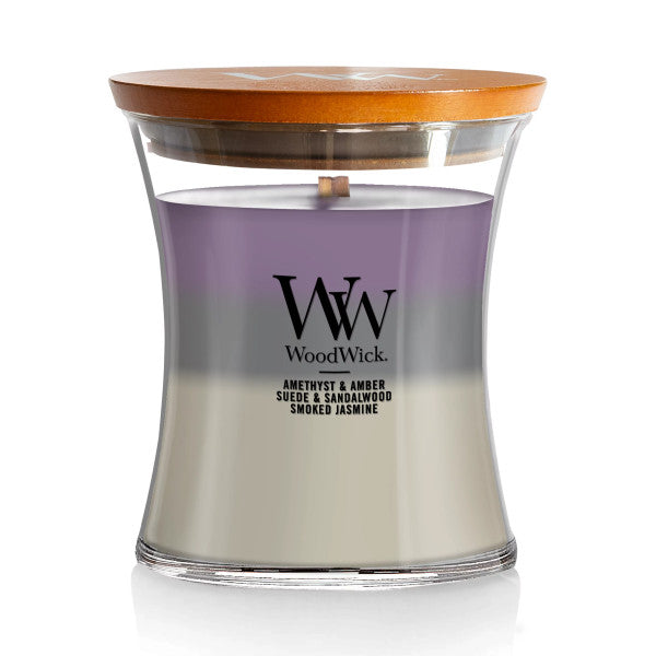 WoodWick Medium Amethyst Sky Trilogy Hourglass Scented Candle, Crackles as it Burns, Amethyst & Amber | Suede & Sandalwood | Smoked Jasmine, 9.7oz