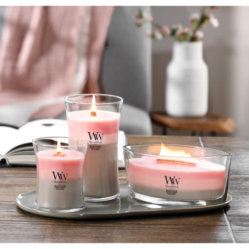 WoodWick Large Shoreline Trilogy Hourglass Scented Candle, Crackles as it Burns, Melon Blossom | Coastal Sunset | Palo Santo, 21oz