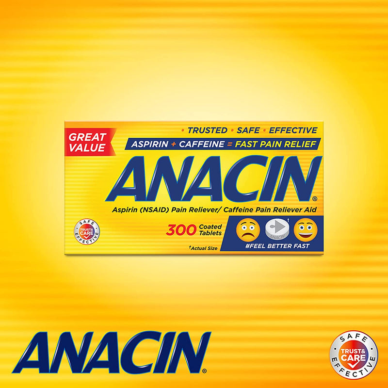 Anacin Fast Pain Relief, Aspirin + Caffeine Pain Reliever, Regular Strength, 300 ct