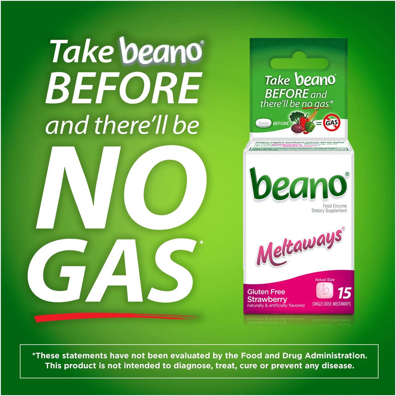 Beano Meltaways, Gas Prevention & Bloating Relief, Strawberry Flavor, 15 Count