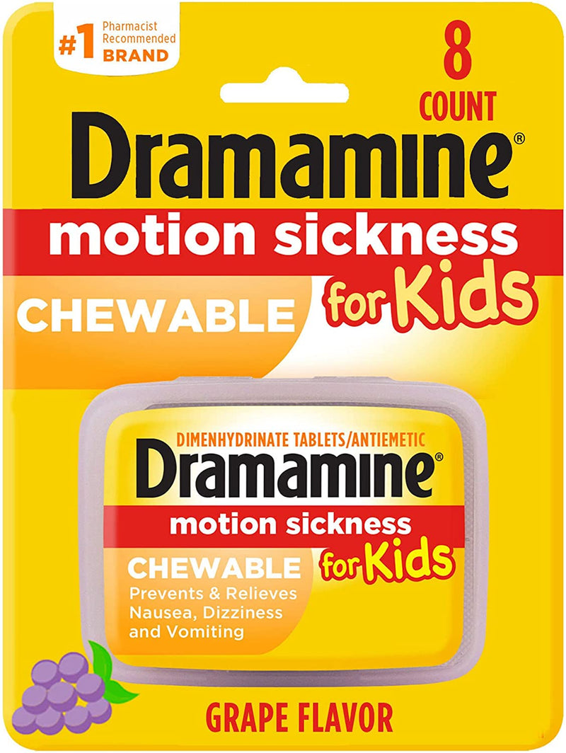 Dramamine Motion Sickness Relief for Kids, Chewable Grape Flavor, 8 Count