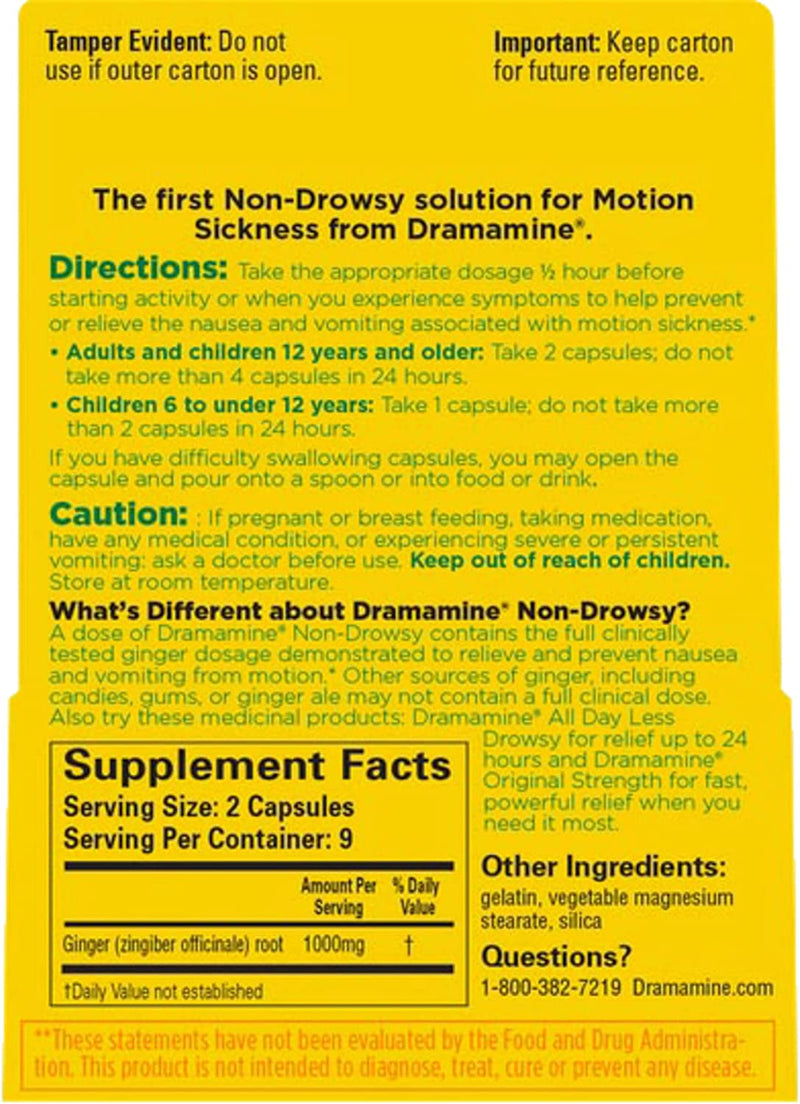 Dramamine Motion Sickness Relief - Non-Drowsy, Naturals With Ginger, 18 Count