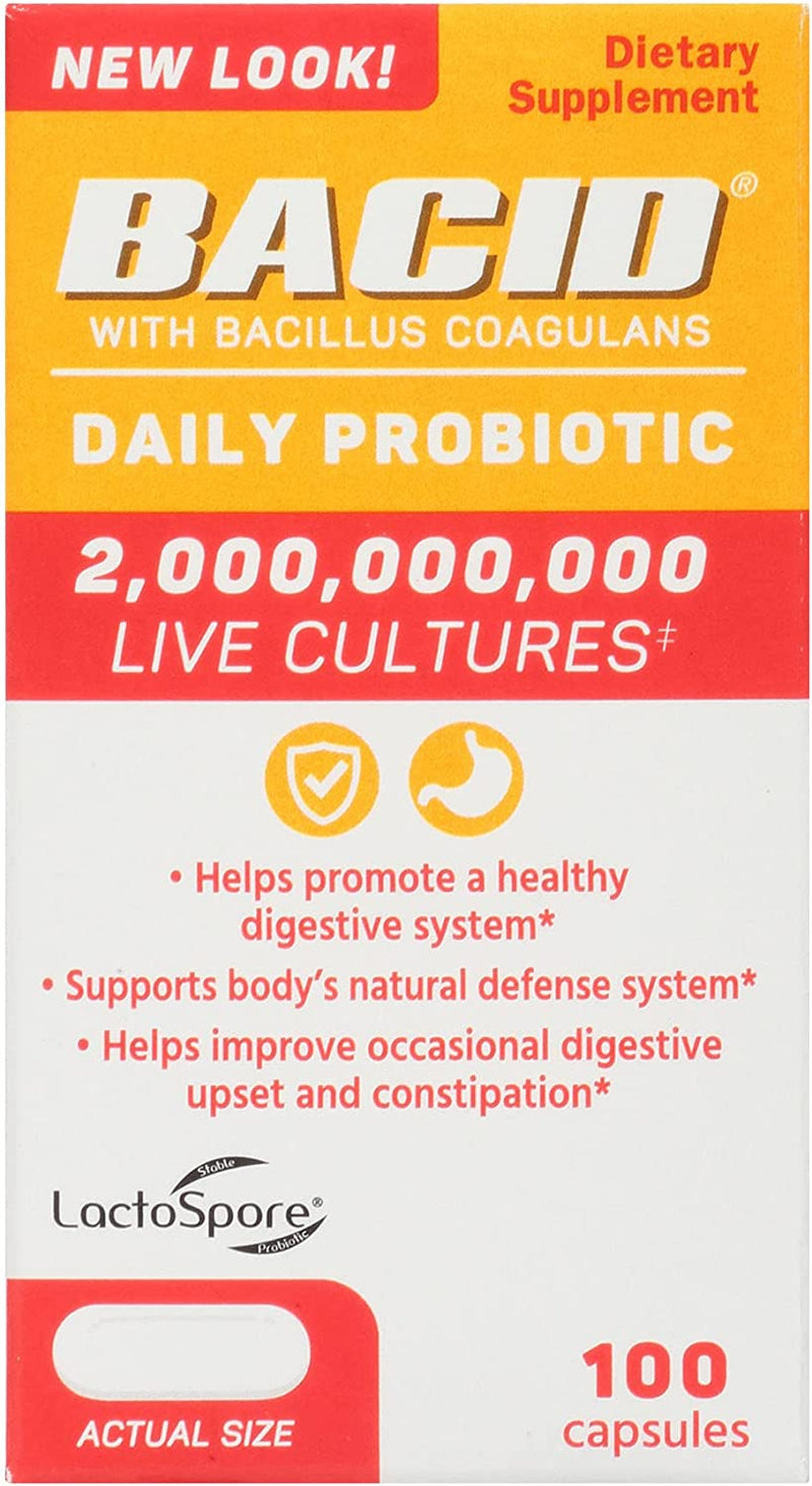 Bacid Daily Probiotic with Bacillus Coagulans for Digestive Health, 100 Capsules