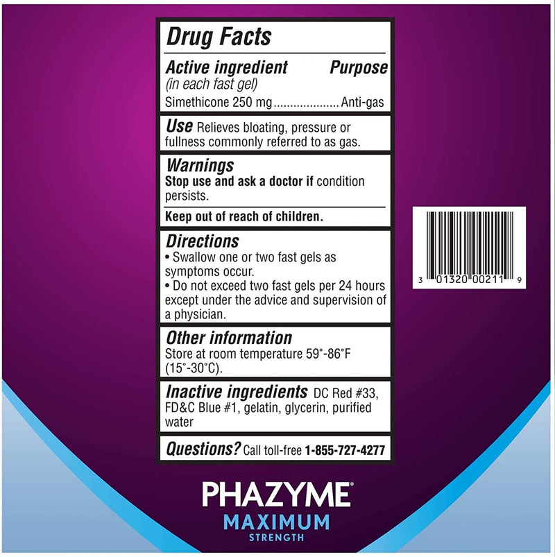Drug Facts about Phazyme Maximum Strength Gas & Bloating Relief, Works in Minutes