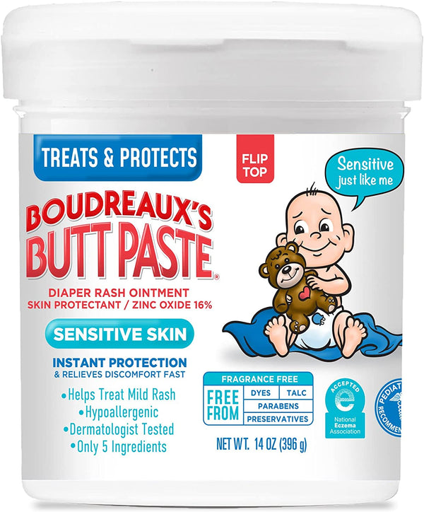 Boudreaux's Butt Paste for Sensitive Skin Diaper Rash Cream, Ointment for Baby, 14 oz Flip top Jar