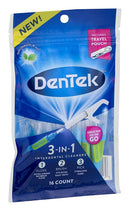 Dentek Floss Picks 3-In-1 Interdental Cleaners | Floss, Brush, Pick, Travel Pouch, 16 ct