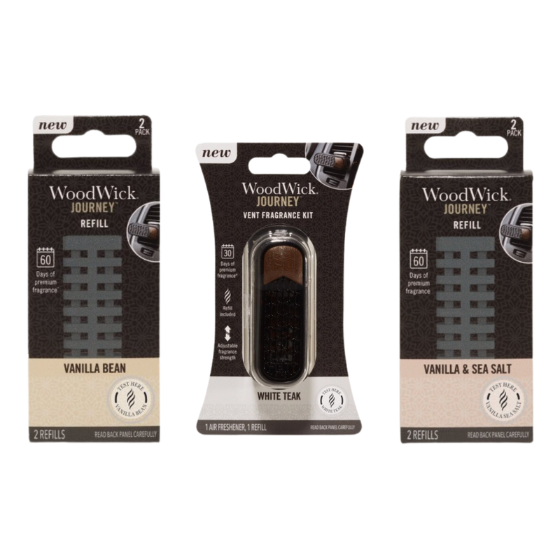 WoodWick Journey Vanilla Drift auto vent fragrance kit White Teak with adjustable fragrance strength , Vanilla & Sea Salt and Vanilla Bean