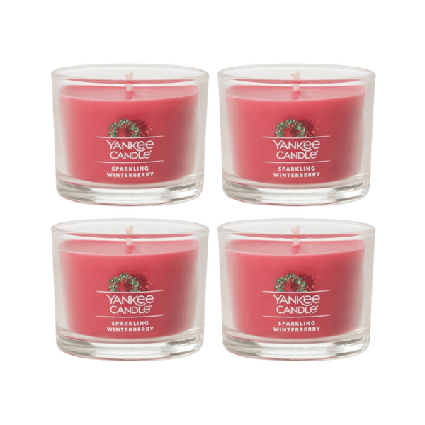 Yankee Candle Signature Votive Mini Candle Jar, Sparkling Winterberry Scent, Natural Soy Wax Blend Candle with Natural Fiber Wick, 1.3 OZ Glass Jar (Pack of 4)