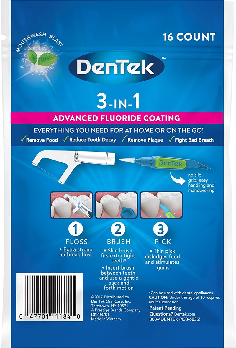 Dentek Floss Picks 3-In-1 Interdental Cleaners | Floss, Brush, Pick, Travel Pouch, 16 ct