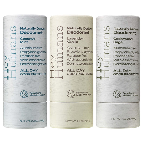 Hey Humans Vegan Aluminum Free Naturally Derived Deodorant 3-Pack Set | Coconut Mint & Lavender Vanilla & Cedarwood Sage with Coconut Oil & Shea Butter | All Day Odor Protection for Women & Men | Recyclable