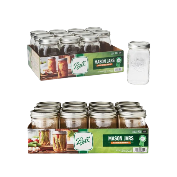 Ball Wide Mouth Glass Mason Jars with Lids and Bands, Used for Canning, Pickling, Juice, Jam, Jelly, 12 Quart Size 32 Ounce + 12 Pint Size 16 Ounce (Total 24 Jars)