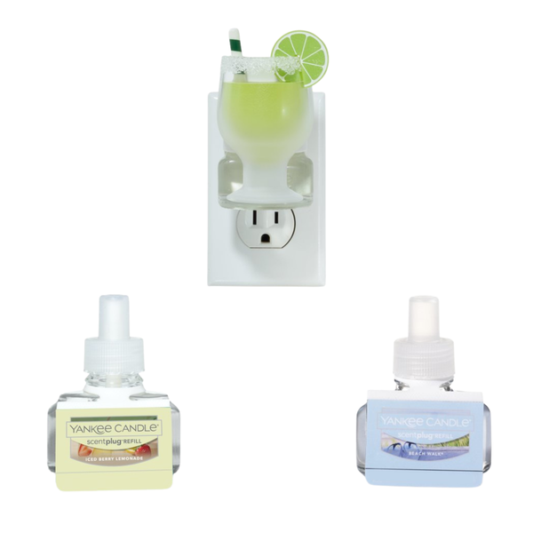 Yankee Candle Scent plug Diffuser Margarita With Light Sensor, Scent Plug Refill Iced Berry Lemonade and Beach Walk