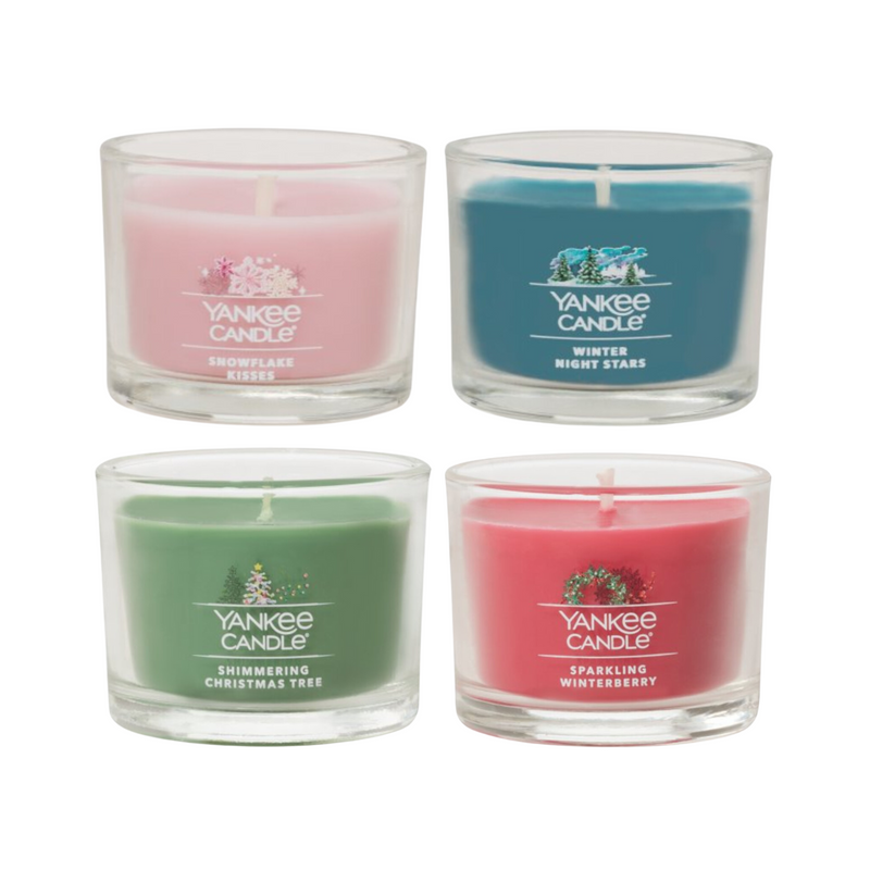 Yankee Candle Signature Votive Mini Candle Jars Seasonal Sparkle Variety Pack, 1 Shimmering Christmas Tree, 1 Sparkling Winterberry, 1 Snowflake Kisses, 1 Winter Night Stars, 1.3 oz (Pack of 4)