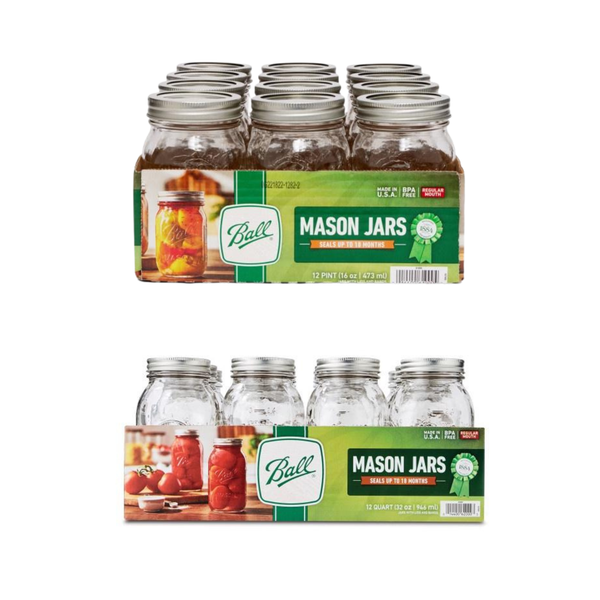 Ball Regular Mouth Glass Mason Jars with Lids and Bands, Used for Canning, Pickling, Juice, Jam, Jelly, 12 Pint Size 16 Ounce + 12 Quart Size 32 Ounce (Total 24 Jars)