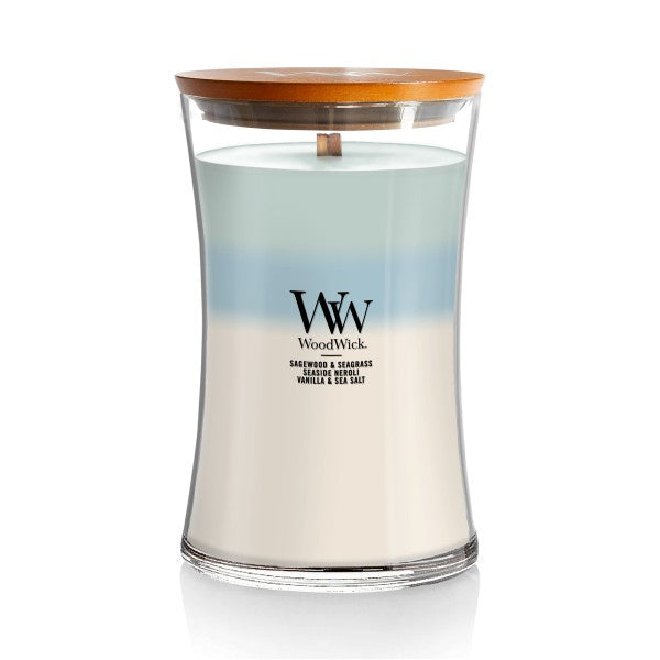 WoodWick Large Oceanic Trilogy Hourglass Scented Candle, Crackles as it Burns, Sagewood & Seagrass | Seaside Neroli | Vanilla & Sea Salt, 21oz