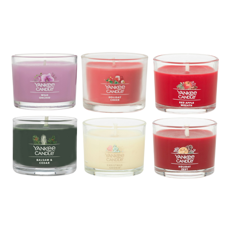 Yankee Candle Votive Mini Candle Jar Winter Wonderland Variety Pack,1 Balsam & Cedar, 1 Christmas Cookie, 1 Holiday Zest, 1 Red Apple Wreath,1 Holiday Cheer,1 Wild Orchid, 1.3 oz Each (Pack of 6)