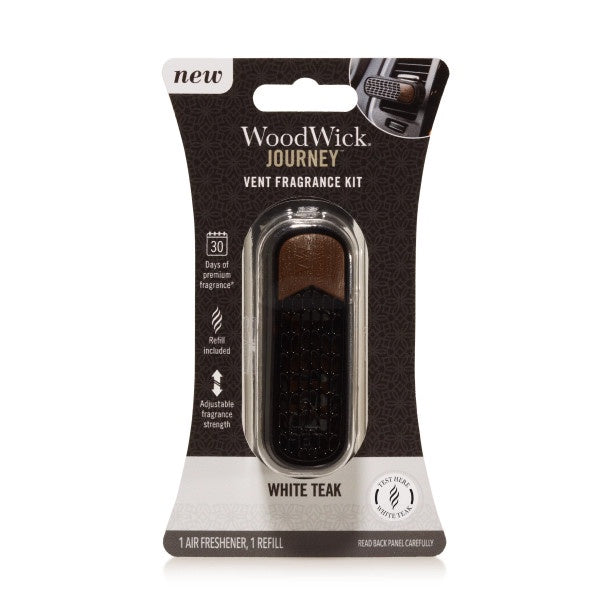 WoodWick Journey Vanilla Drift auto vent fragrance kit White Teak with adjustable fragrance strength , Vanilla & Sea Salt and Vanilla Bean