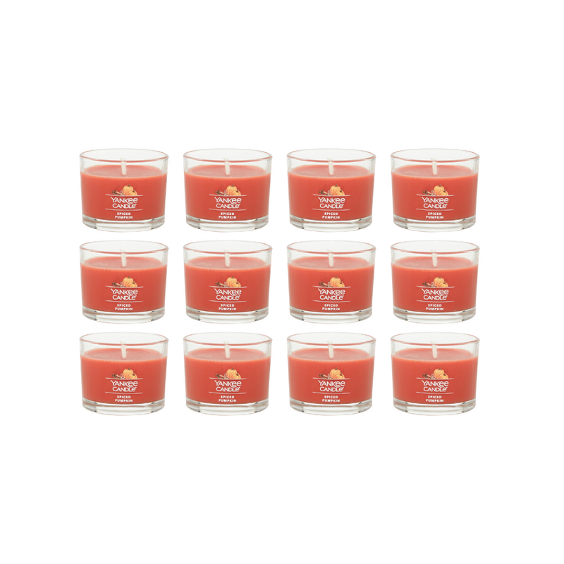 Yankee Candle Signature Votive Mini Candle Jar, Spiced Pumpkin Scent, Natural Soy Wax Blend Candle with Natural Fiber Wick, 1.3 OZ Glass Jar (Pack of 12)