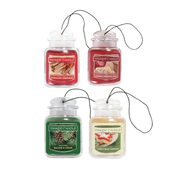 Yankee Candle Car Air Fresheners Festive Luxe Variety Pack, Hanging Car Jar Ultimate, Neutralizes Odors Up To 30 Days, 1 Balsam & Cedar, 1 Christmas Cookie, 1 Sparkling Cinnamon, and 1 Sugared Cinnamon Apple, 0.96 OZ (Pack of 4)