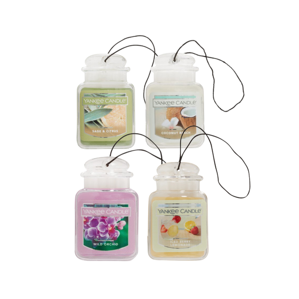 Yankee Candle Car Air Fresheners Coastal Citrus Variety Pack, Hanging Car Jar Ultimate, Neutralizes Odors Up To 30 Days, 1 Coconut Beach, 1 Iced Berry Lemonade, 1 Sage & Citrus, and 1 Wild Orchid, 0.96 OZ (Pack of 4)