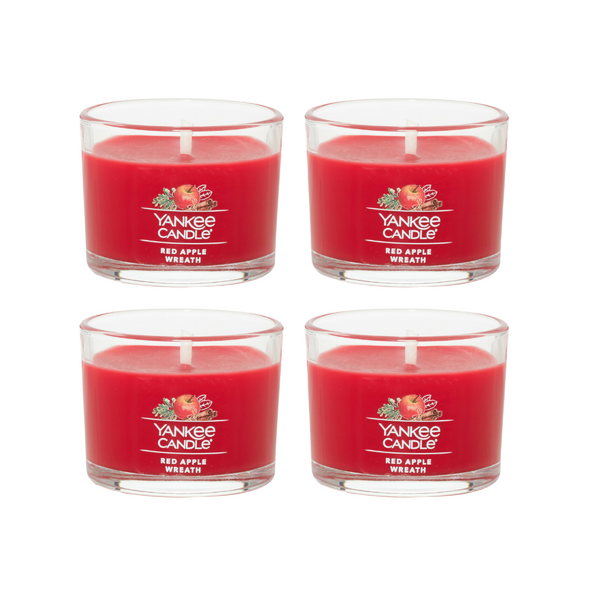 Yankee Candle Signature Votive Mini Candle Jar, Red Apple Wreath Scent, Natural Soy Wax Blend Candle with Natural Fiber Wick, 1.3 OZ Glass Jar (Pack of 4)