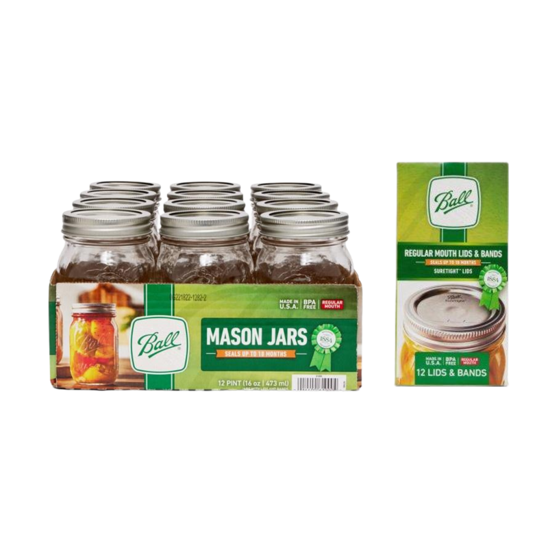 Ball Regular Mouth Glass Mason Jars with Lids and Bands, Used for Canning, Pickling, Juice, Jam, Jelly, 12 Pint Size 16 Ounce Jars + 12 Count, Lids/Bands