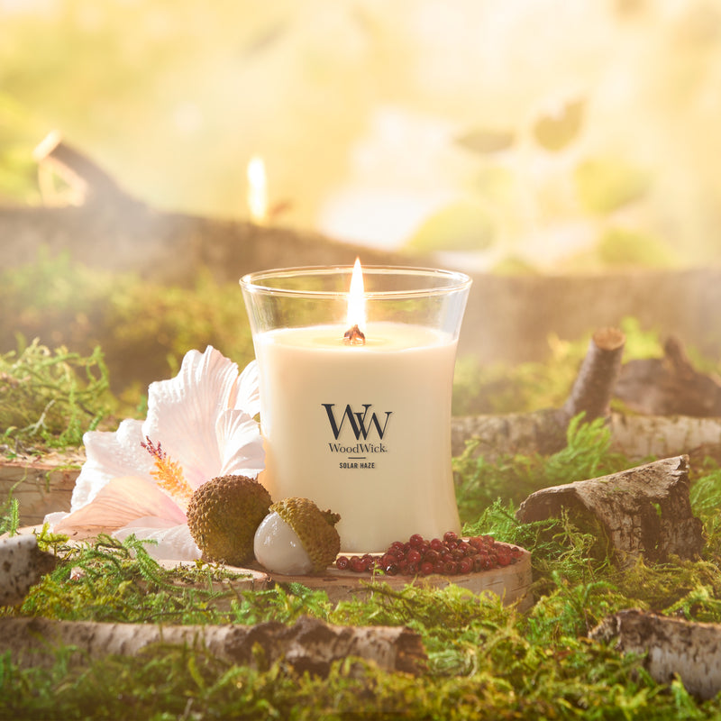 WoodWick Medium Hourglass Scented Candle, Crackles as it Burns, Solar Haze, 9.7oz