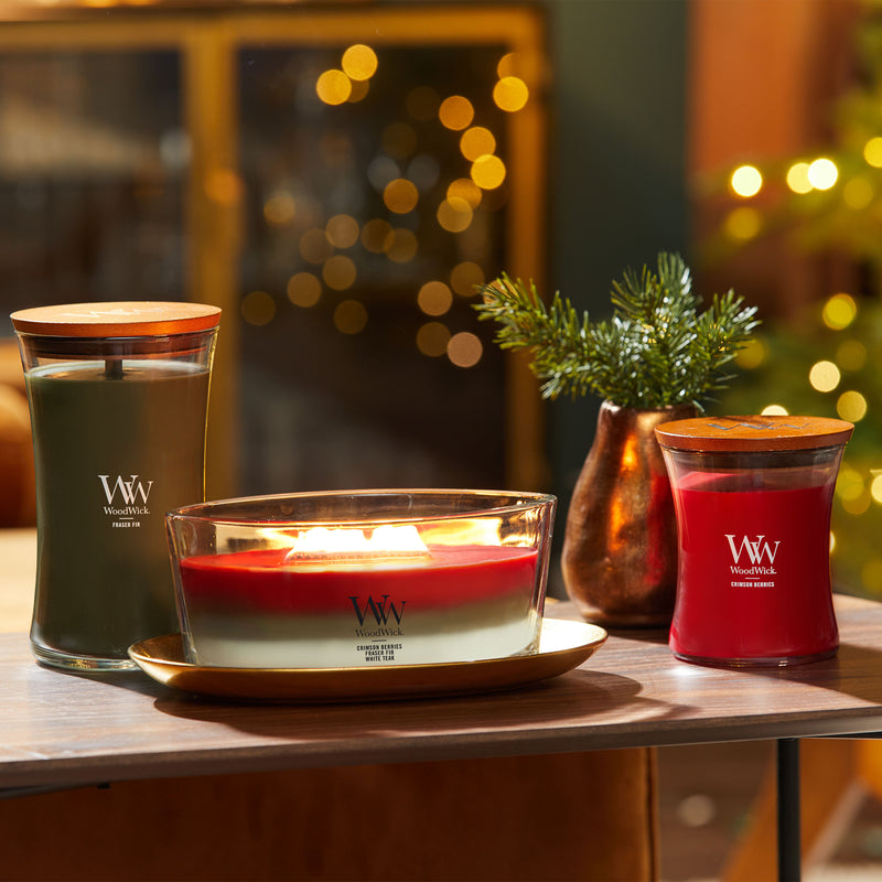 WoodWick Scented Trilogy Ellipse Candle, Crimson Berries | Fraser Fir | White Teak, 16oz
