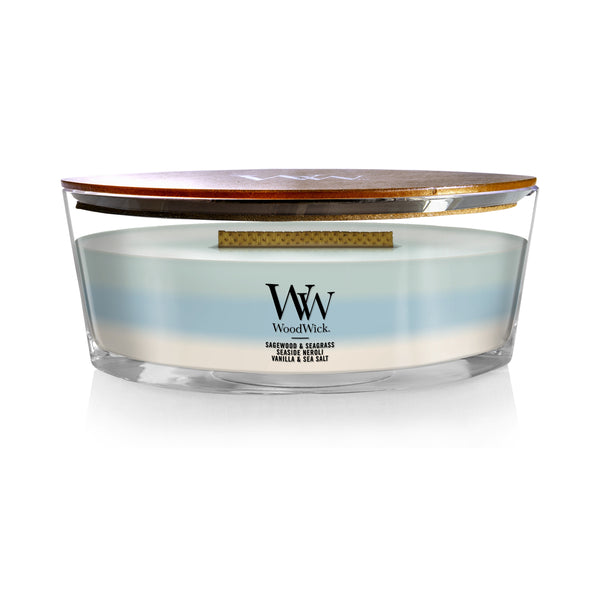 WoodWick Scented Trilogy Ellipse Candle, Sagewood & Seagrass | Seaside Neroli | Vanilla & Sea Salt, 16oz