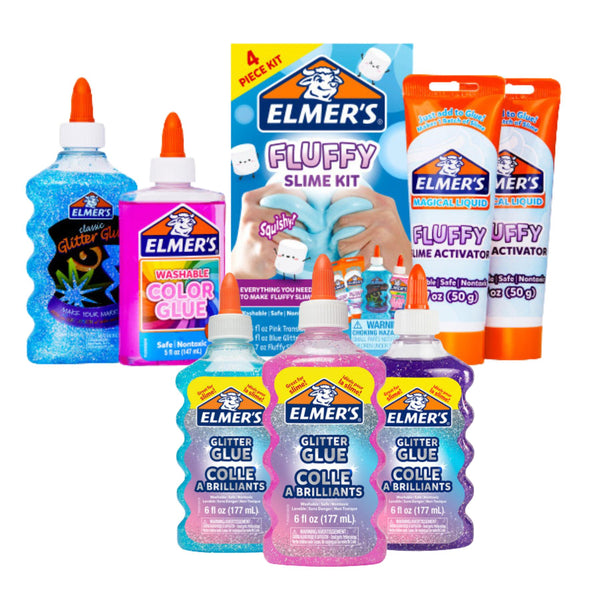 Elmer's Fluffy Slime Making Kit with Translucent Color Glue, Fluffy Slime Activator, and Assorted Liquid Glitter Glue in Blue, Pink, and Purple 6 oz Bottles, 1 Count Complete Craft Set