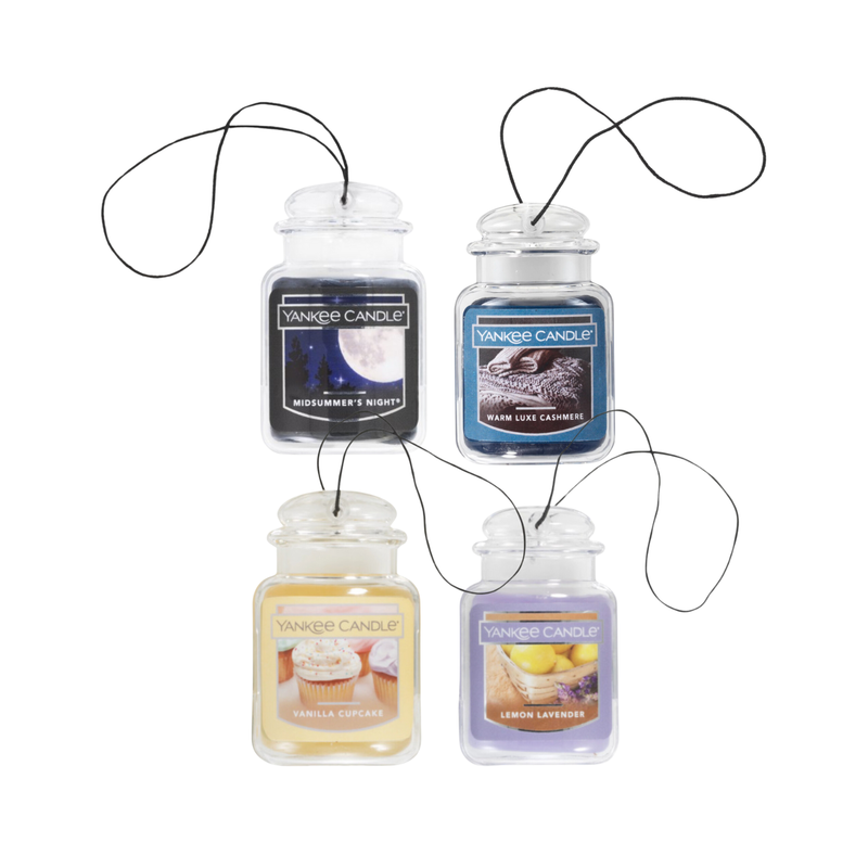 Yankee Candle Car Air Fresheners Timeless Elegance Variety Pack, Hanging Car Jar Ultimate, Neutralizes Odors Up To 30 Days, 1 Warm Luxe Cashmere, 1 Lemon Lavender, 1 MidSummer's Night, and 1 Vanilla Cupcake, 0.96 OZ (Pack of 4)