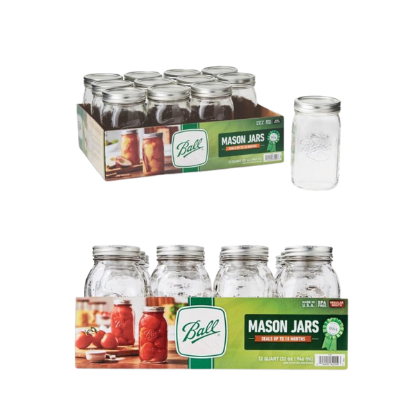 Ball Glass Mason Jars with Lids and Bands, Used for Canning, Pickling, Juice, Jam, Jelly, Quart Size 32 Ounce 12 Wide Mouth + 12 Regular Mouth Jars (Total 24 Jars)