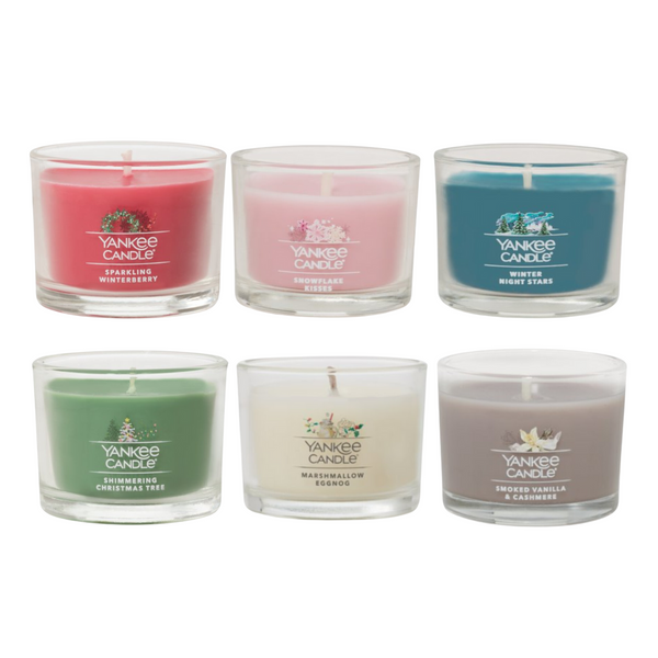 Yankee Candle Signature Votive Mini Candle Jar Frosted Delights Variety Pack, 1 Shimmering Christmas Tree, 1 Sparkling Winterberry, 1 Snowflake Kisses, 1 Winter Night Stars, 1 Marshmallow Eggnog, 1 Smoked Vanilla & Cashmere, 1.3 oz (Pack of 6)