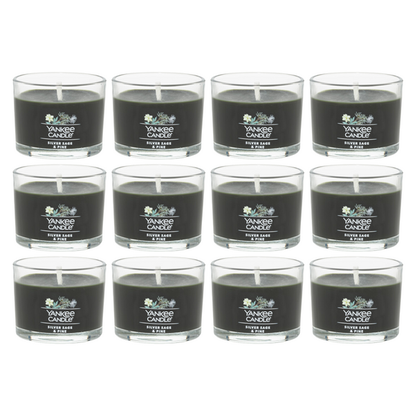 Yankee Candle Signature Votive Mini Candle Jar, Silver Sage & Pine Scent, Natural Soy Wax Blend Candle with Natural Fiber Wick, 1.3 OZ Glass Jar (Pack of 12)