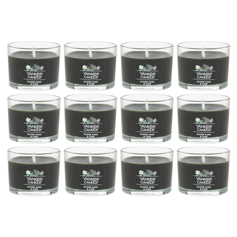 Yankee Candle Signature Votive Mini Candle Jar, Silver Sage & Pine Scent, Natural Soy Wax Blend Candle with Natural Fiber Wick, 1.3 OZ Glass Jar (Pack of 12)